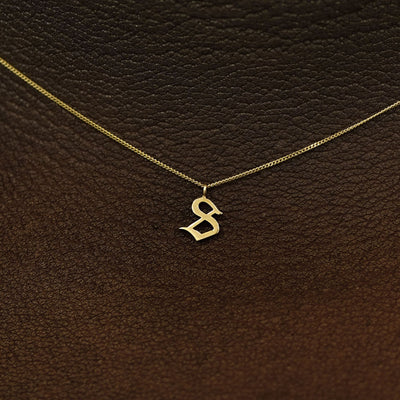 Close up view of a model's neck wearing a 14k solid yellow gold Initial Charm Necklace in the letter S