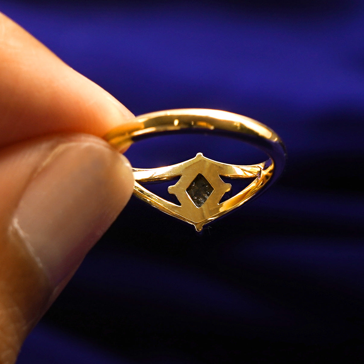 Underside view of a solid 14k gold Diamond Kite Ring