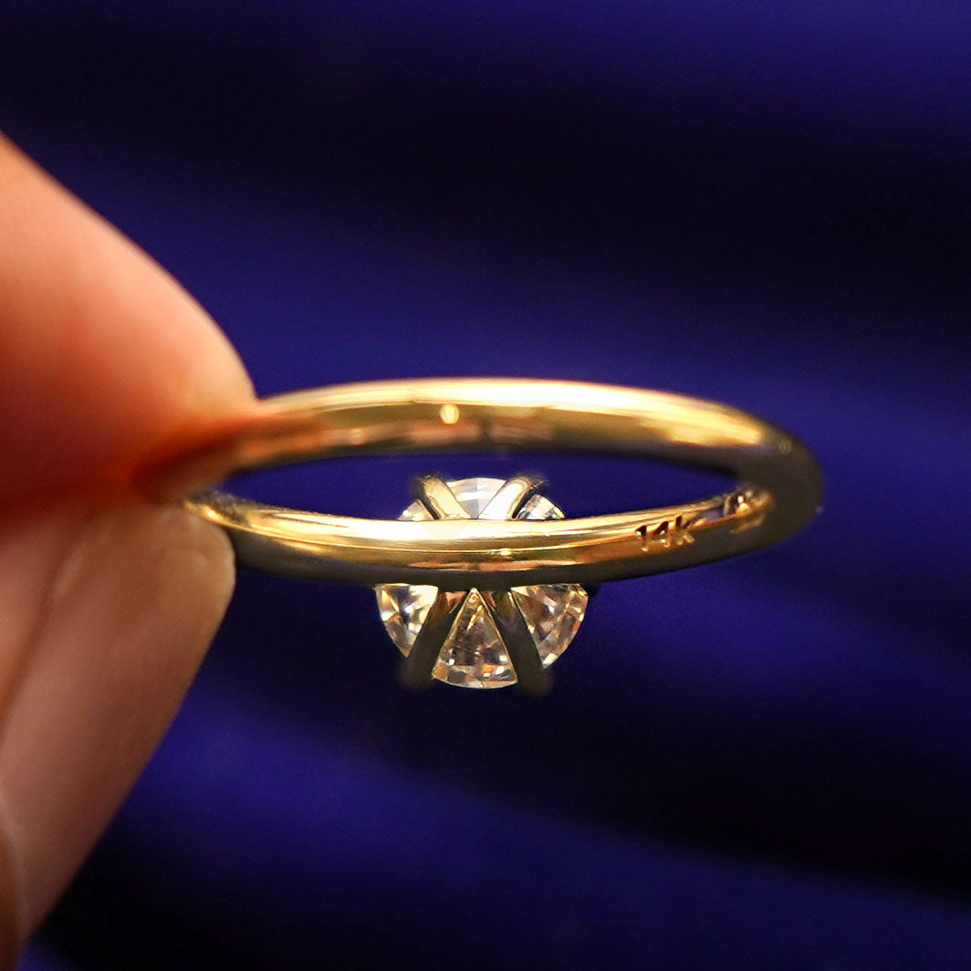 Underside view of a solid 14k gold Round Lab Diamond Ring