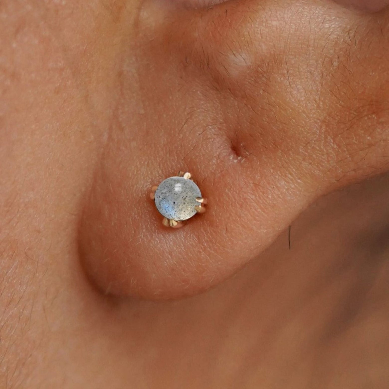 Close up view of a model's ear wearing a 14k yellow gold Labradorite Earring