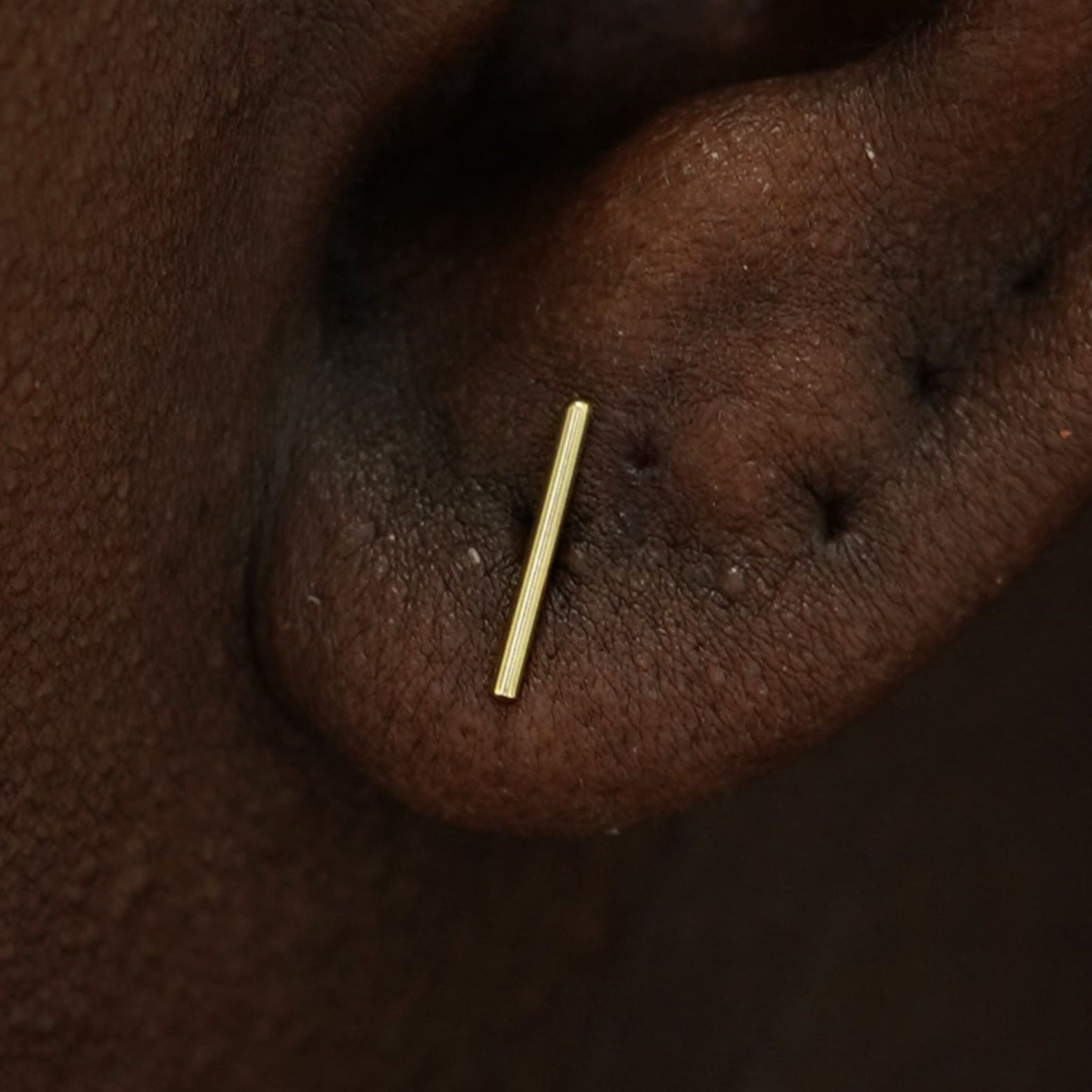 Close up view of a model's ear wearing a 14k gold Large Line Earring