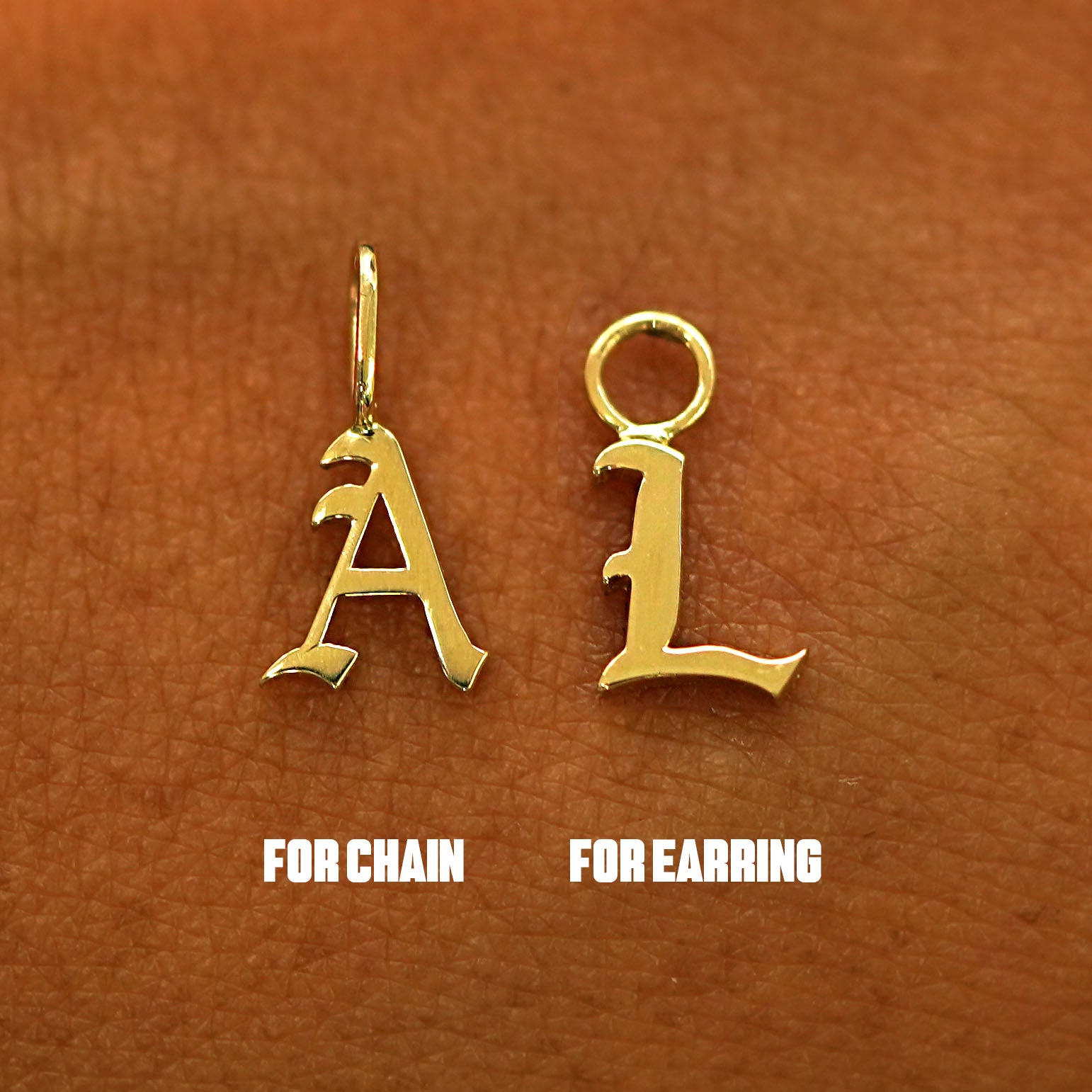 Two versions of the Initial Charm in the letter A and the letter L showing For Chain and For Earring options respectively
