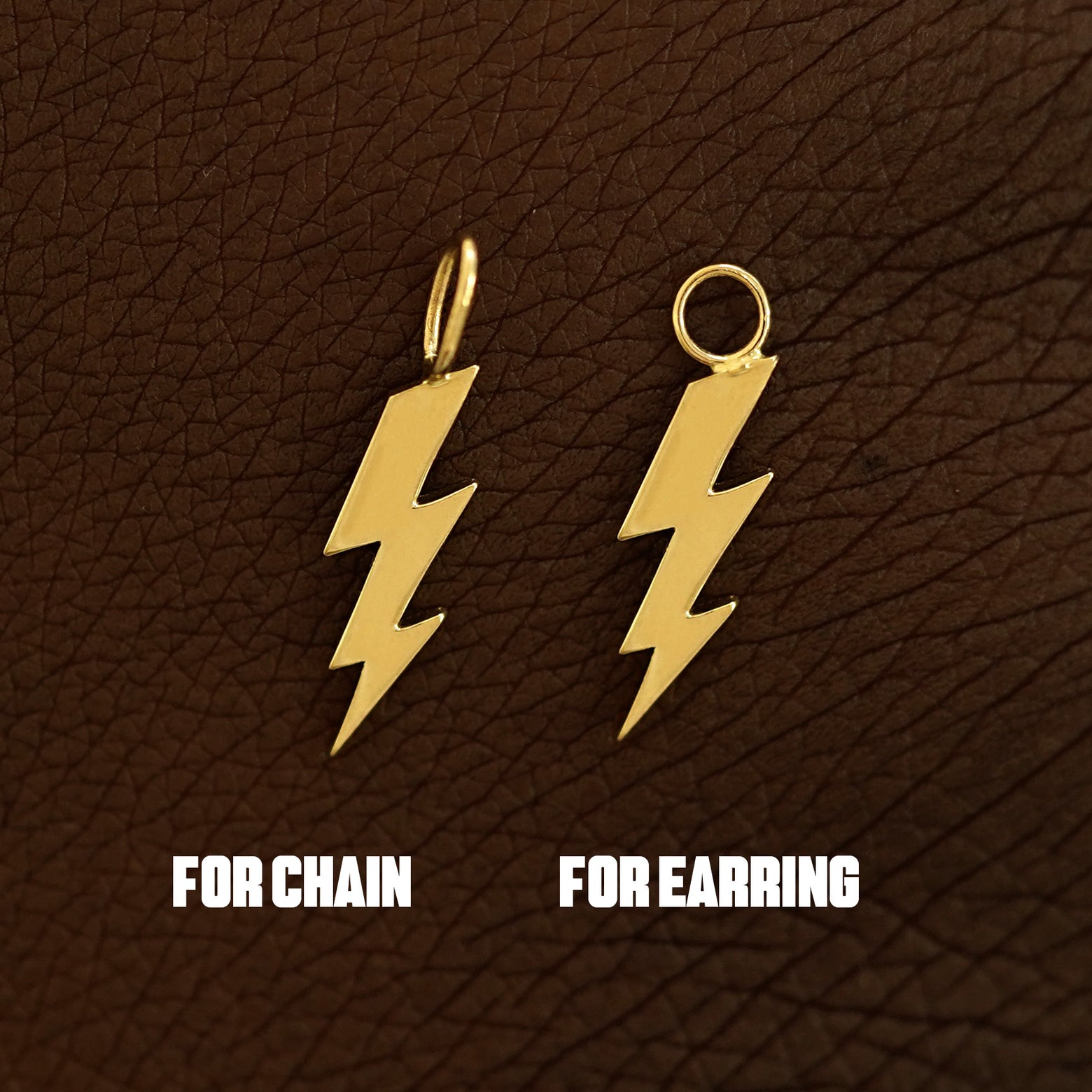 Two 14 karat solid gold Lightning Bolt Charms shown in the For Chain and For Earring options