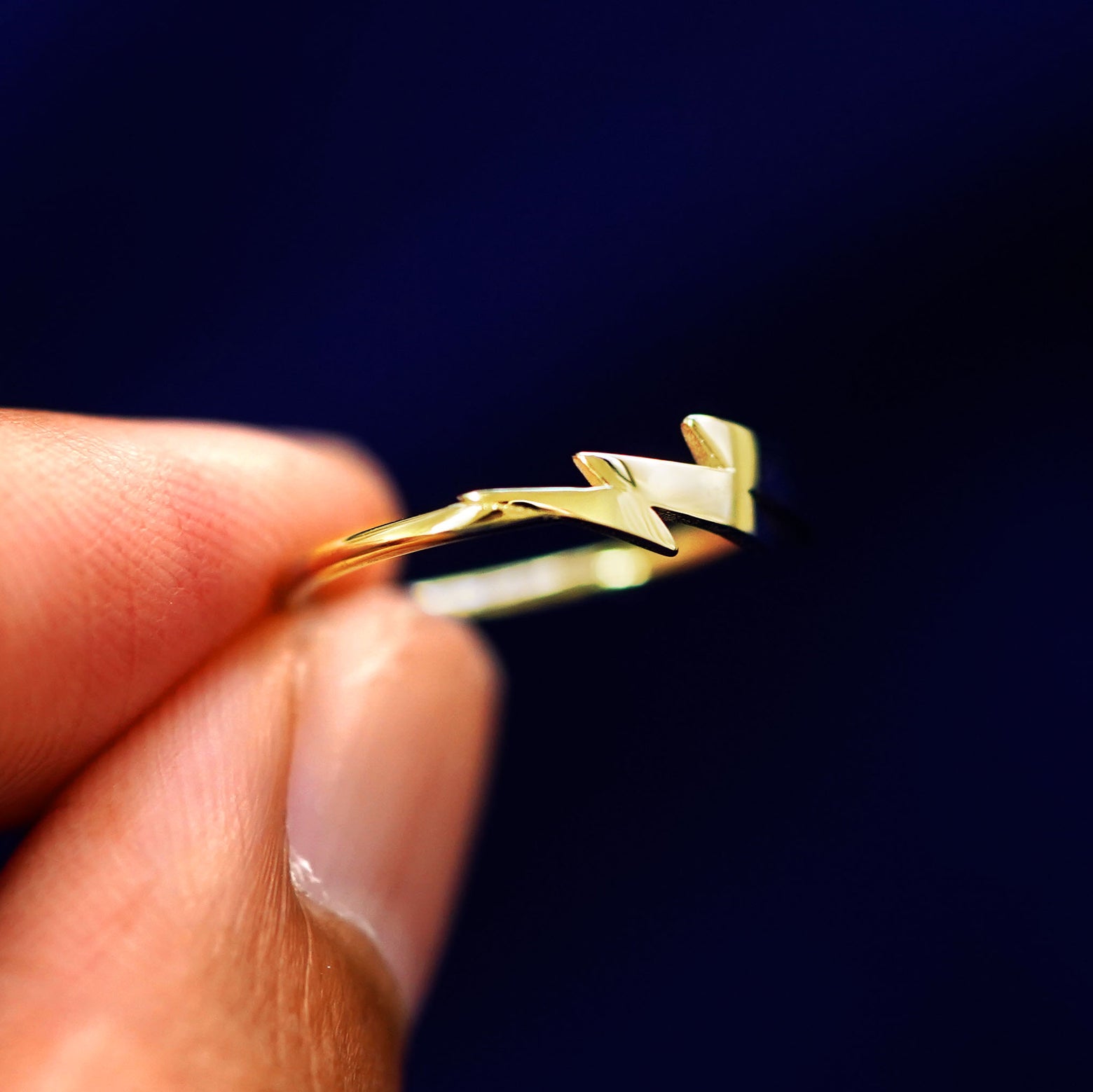 A model holding a Lightning Bolt Ring tilted to show the side of the ring