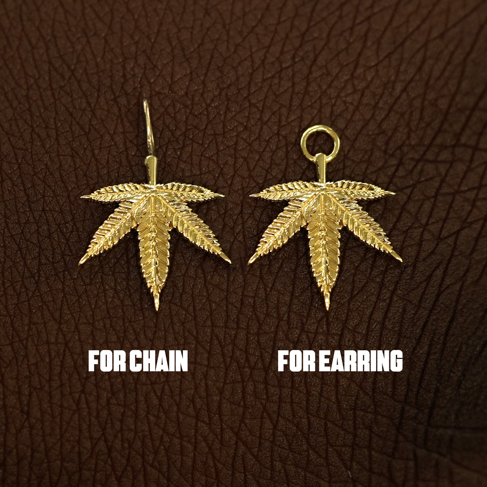 Two 14 karat solid gold Cannabis Charms shown in the For Chain and For Earring options