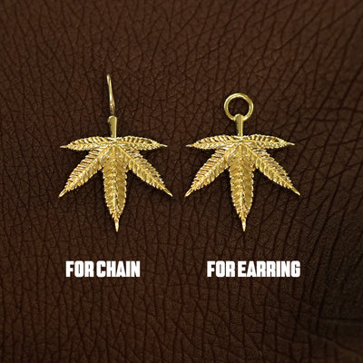 Two 14 karat solid gold Cannabis Charms shown in the For Chain and For Earring options