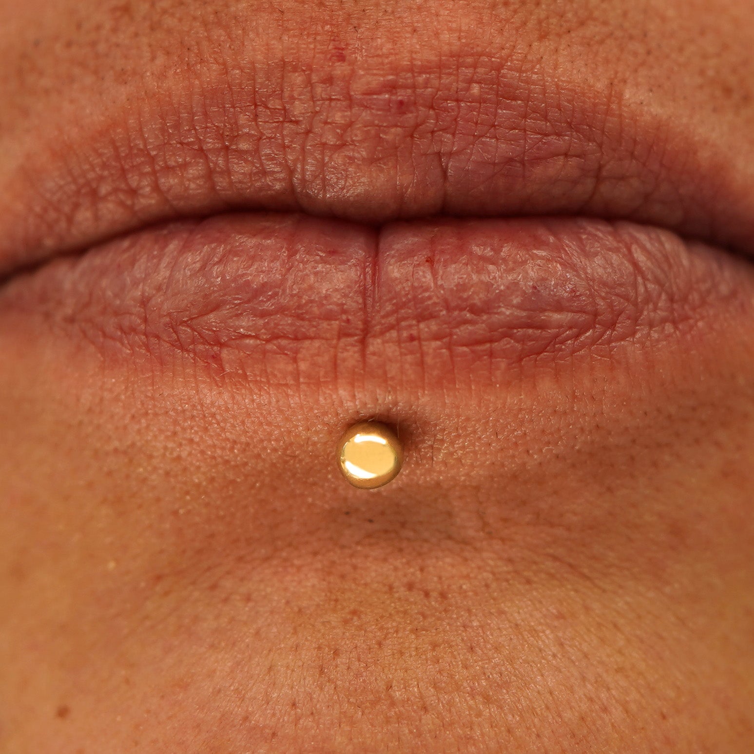 Close up view of a model's mouth wearing a 14k yellow gold Medium Ball Flatback as a labret piercing