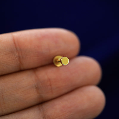 A solid yellow gold Medium Circle Flatback Piercing laying facedown on a model's finger to show the end of the flat back