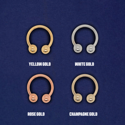 Four versions of the Medium Horseshoe Septum in yellow, white, rose and champagne gold