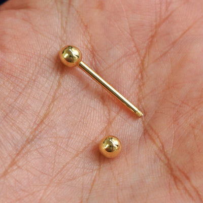 A solid yellow gold Medium Straight Barbell Piercing with the externally threaded ball closure unscrewed in a model's palm