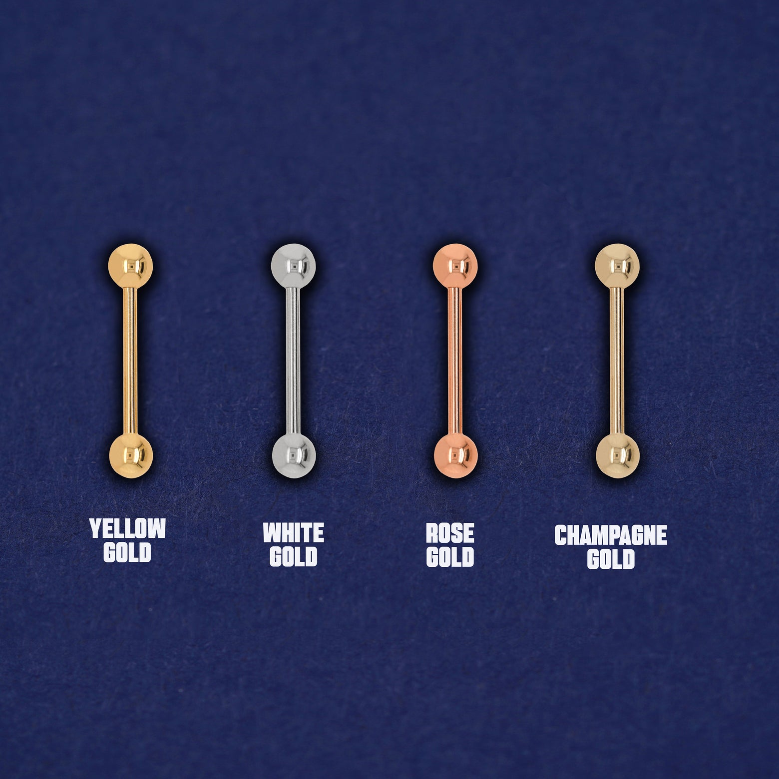 Four versions of the Medium Straight Barbell Piercing in yellow, white, rose and champagne gold