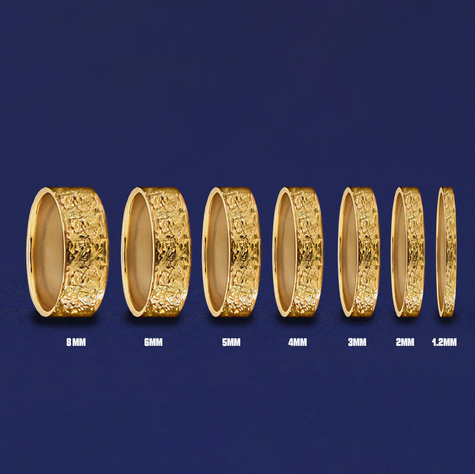 Seven versions of the Raw Band showing the different thickness options of the ring from 8mm to 1.2mm