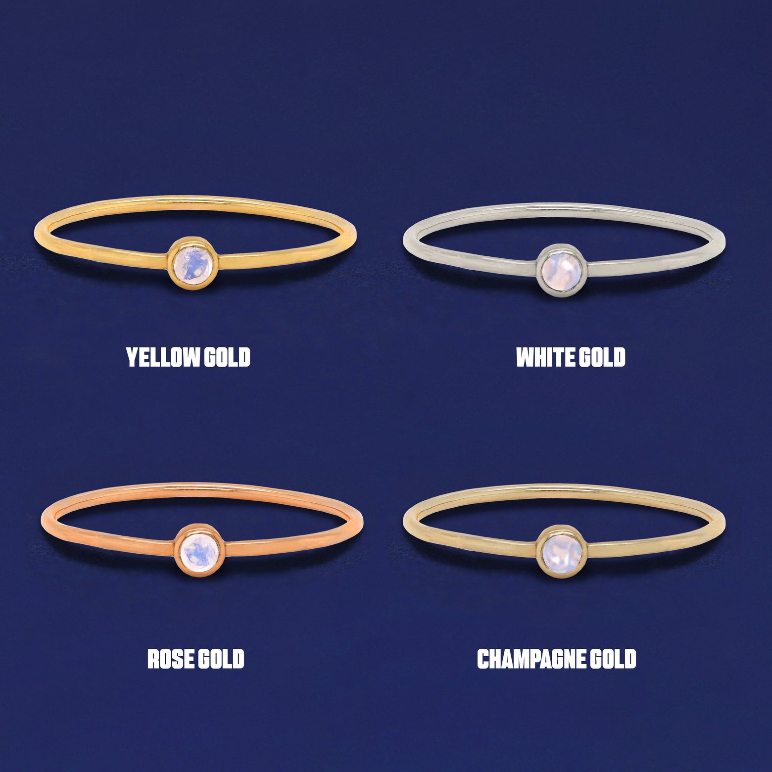 Four versions of the Moonstone Ring shown in options of yellow, white, rose and champagne gold