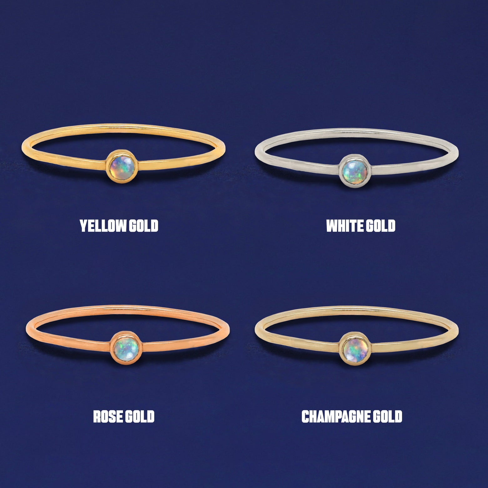 Four versions of the Opal Ring shown in options of yellow, white, rose and champagne gold