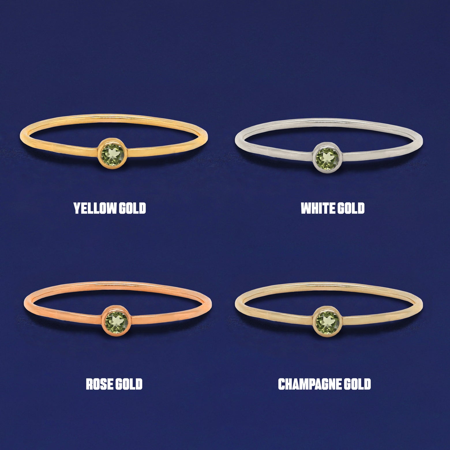 Four versions of the Peridot Ring shown in options of yellow, white, rose and champagne gold