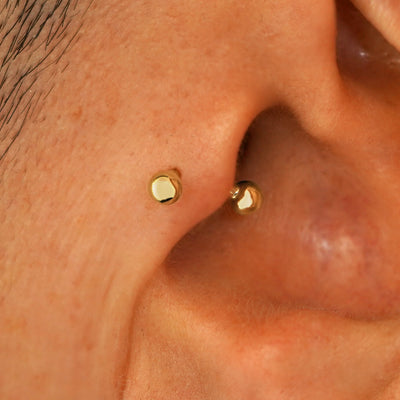 Close up view of a model's ear wearing a yellow gold Small Curved Barbell in a tragus piercing