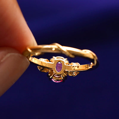 Underside view of a solid 14k gold Pink Sapphire Roses Ring