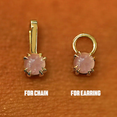 Two 14 karat solid gold Rose Quartz Charms shown in the For Chain and For Earring options