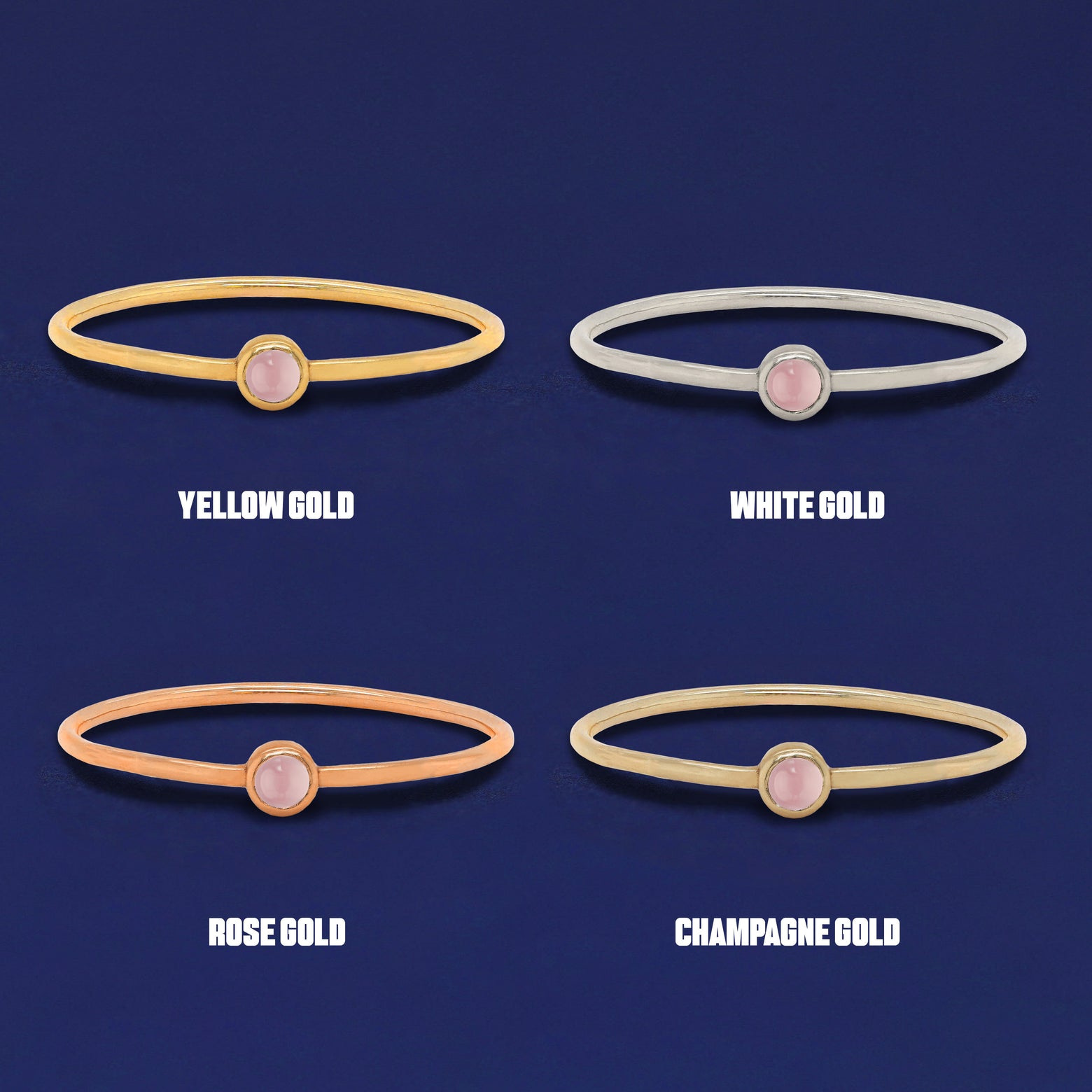 Four versions of the Rose Quartz Ring shown in options of yellow, white, rose and champagne gold