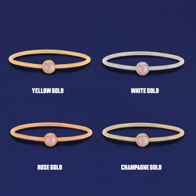 Four versions of the Rose Quartz Ring shown in options of yellow, white, rose and champagne gold