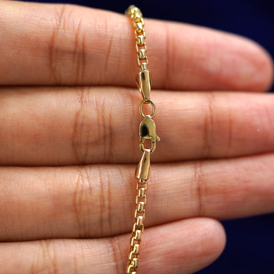 A model holding a 14k yellow gold Round Box Bracelet to show the lobster claw clasp