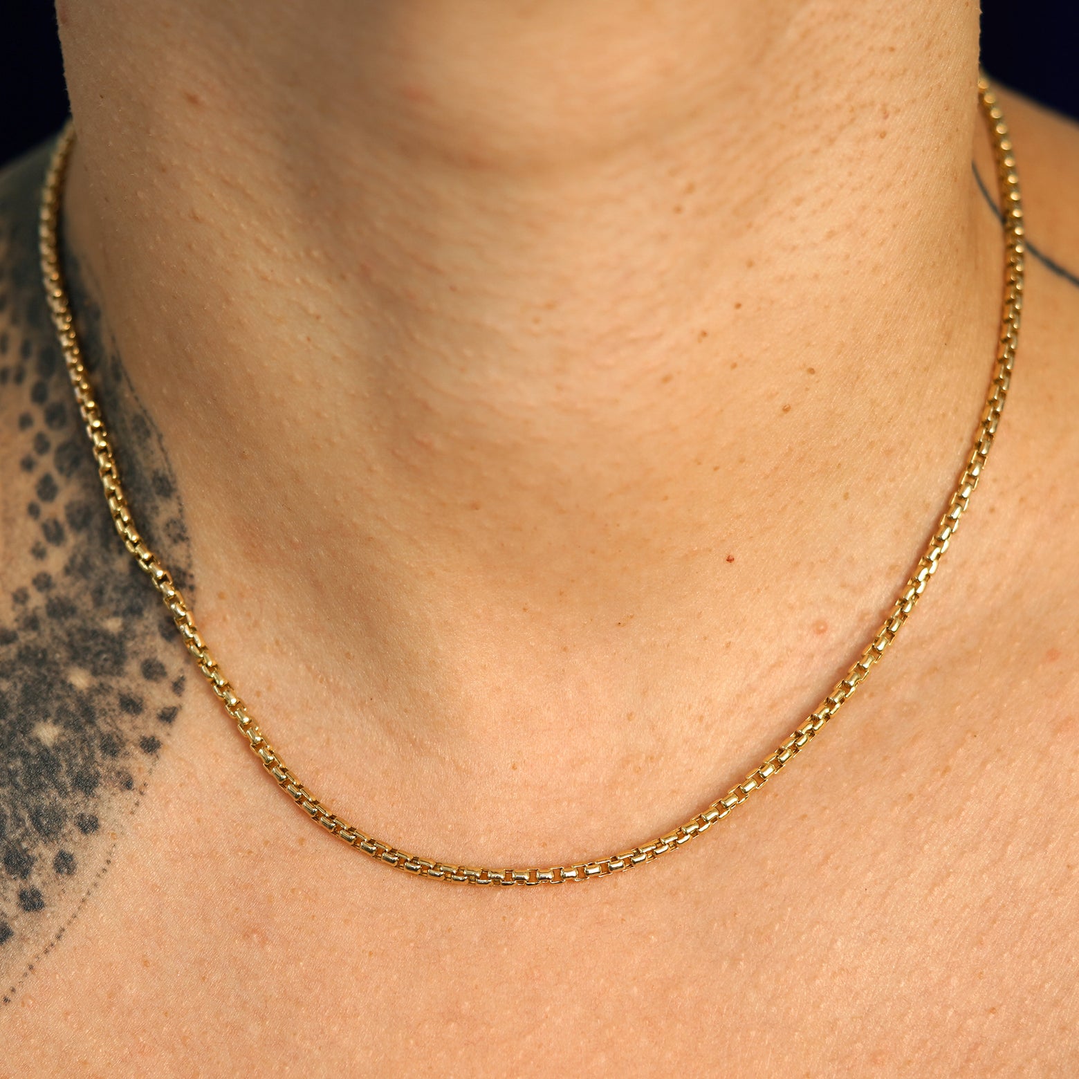 A model's neck wearing a solid gold Round Box Chain