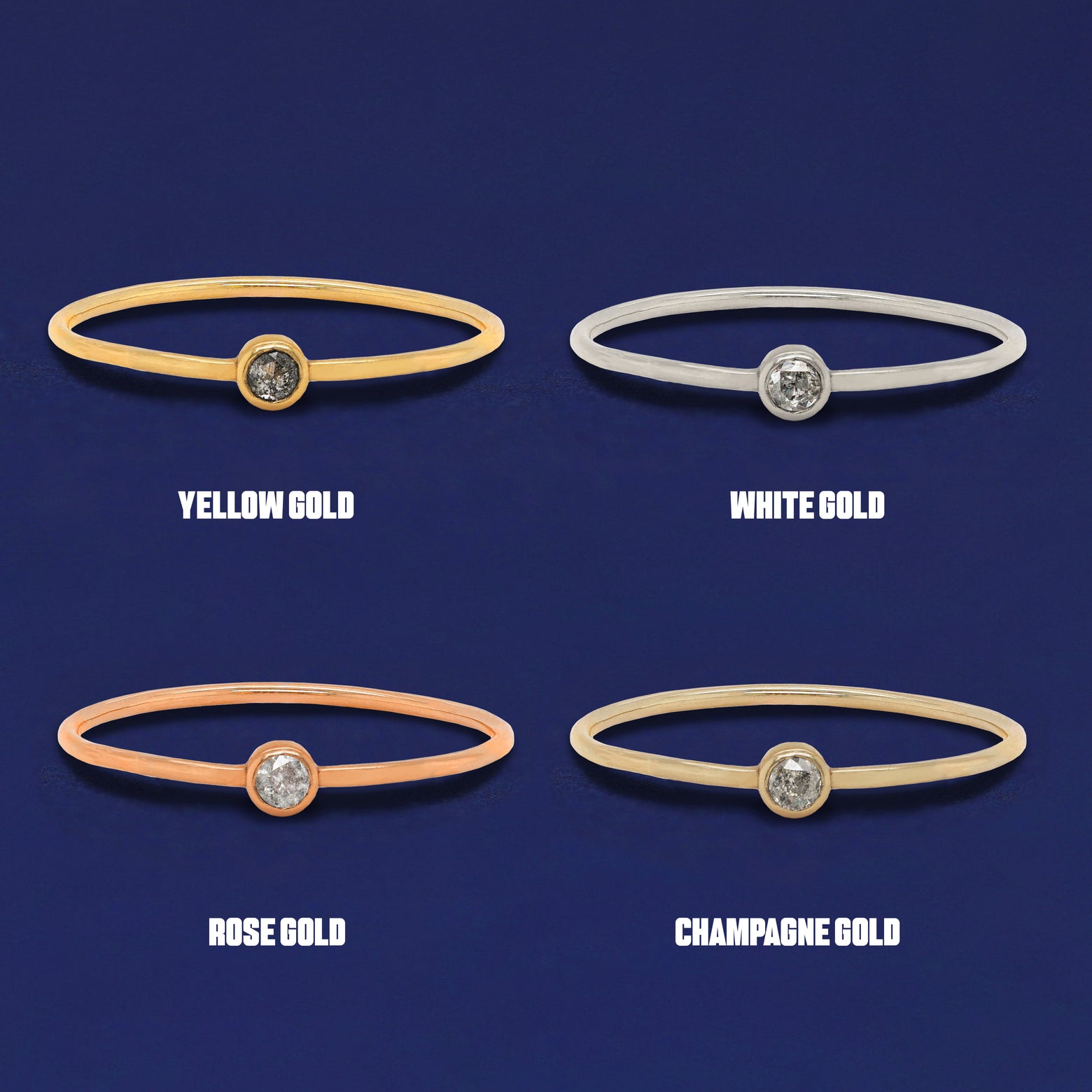 Four versions of the Salt and Pepper Diamond Ring shown in options of yellow, white, rose and champagne gold