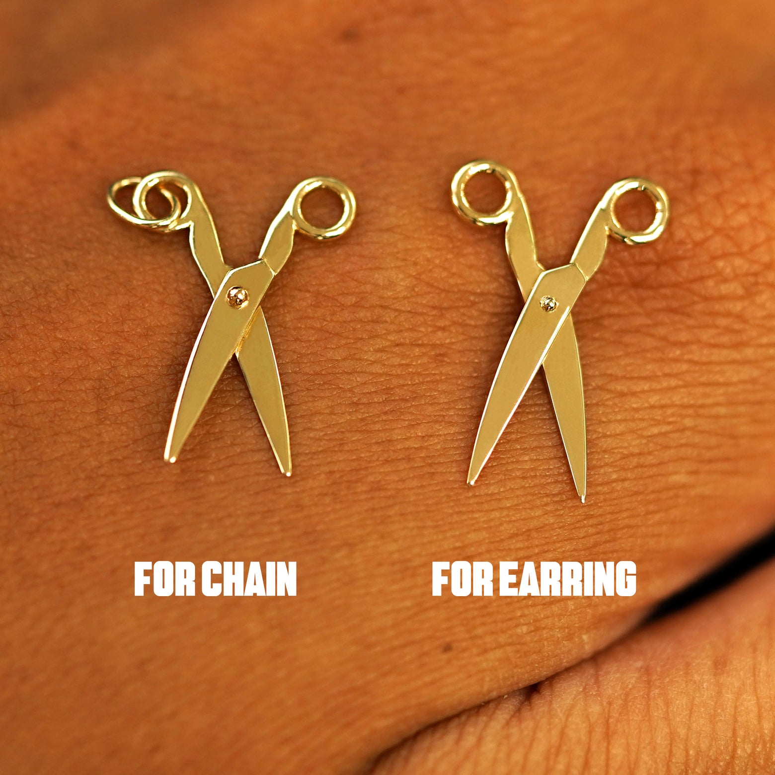 Two 14 karat solid gold Scissors Charms shown in the For Chain and For Earring options