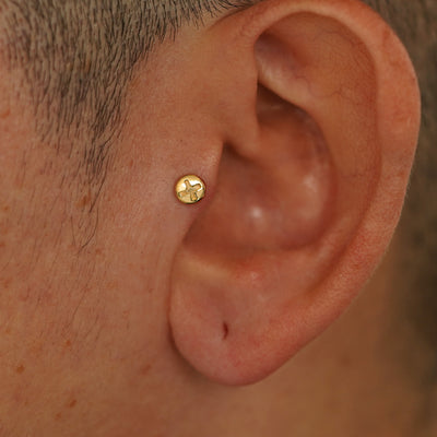 A model's ear wearing a 14k yellow gold Screw Flatback in a tragus piercing