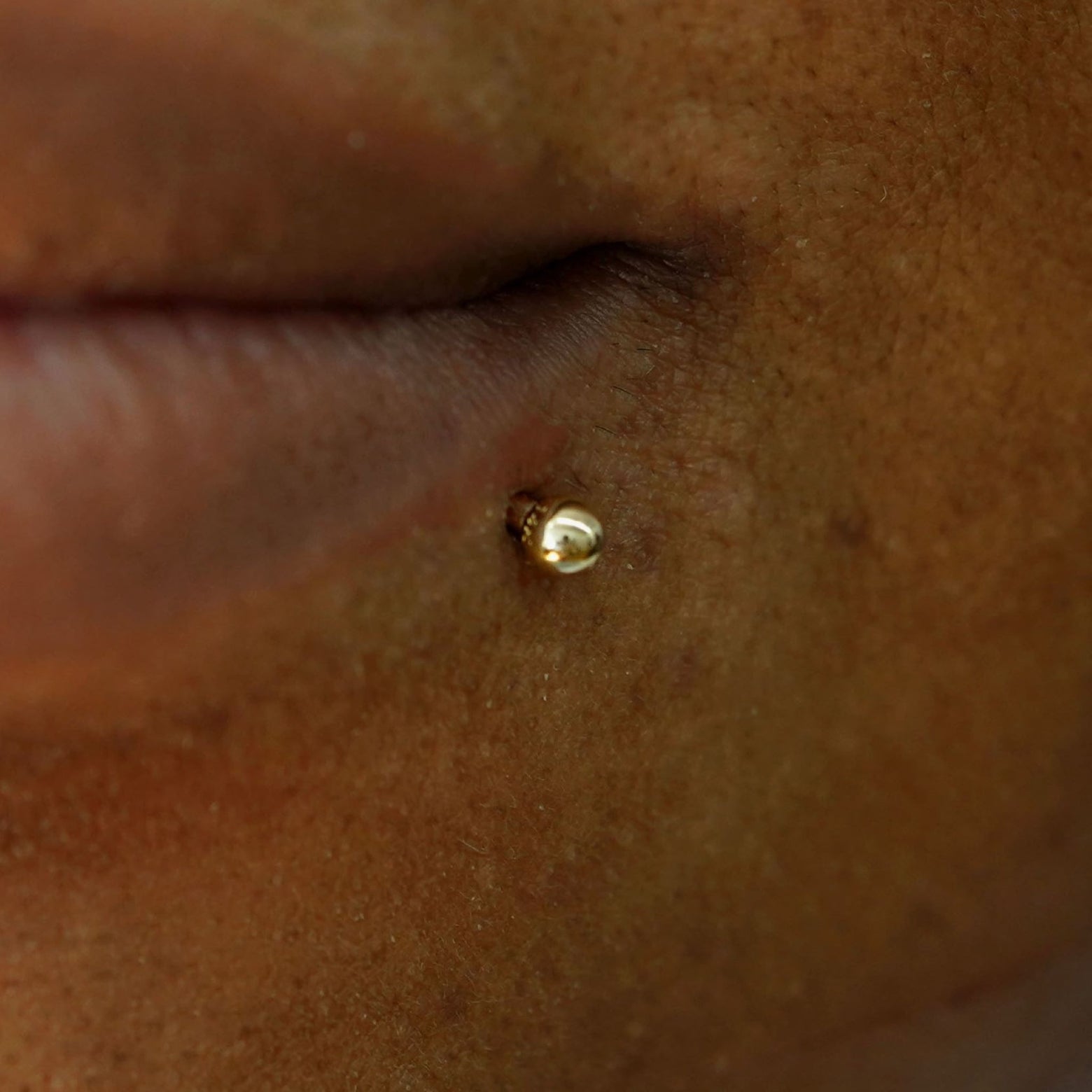 Close up view of a model wearing a yellow gold Small Labret Piercing under the left side of their lip