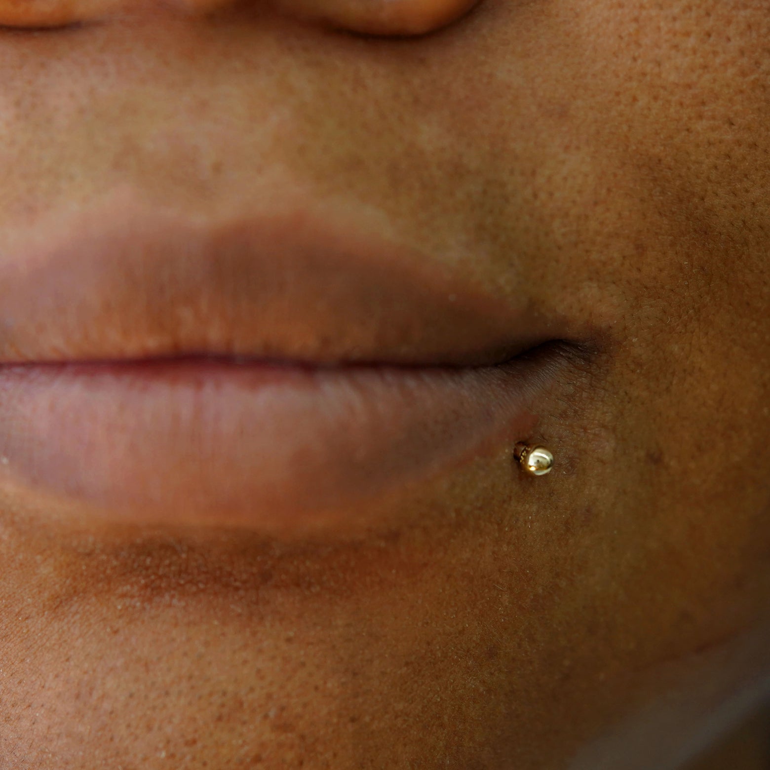 A model wearing a 14 karat gold Small Labret Piercing under the left side of their lip