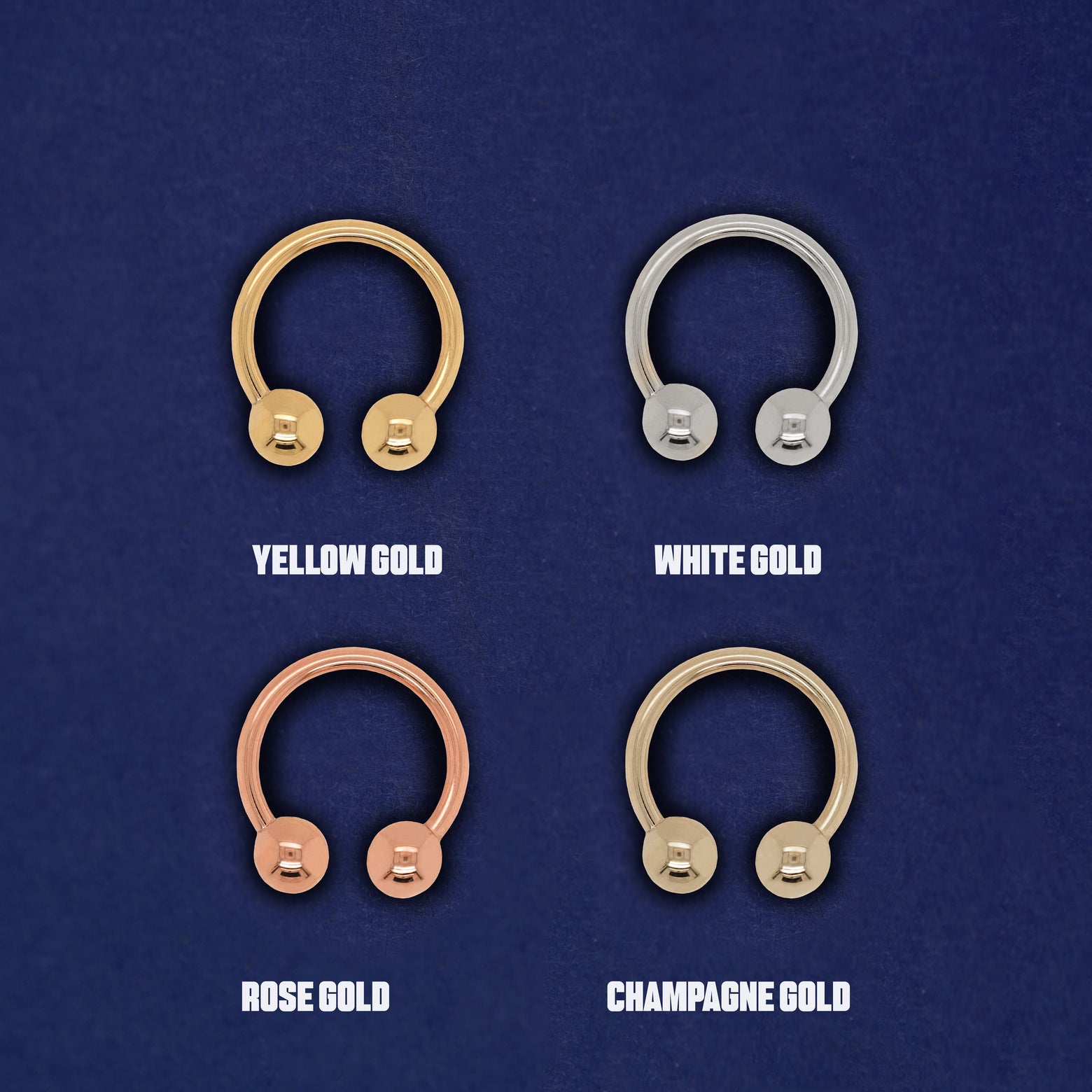 Four versions of the Small Horseshoe Septum in yellow, white, rose and champagne gold