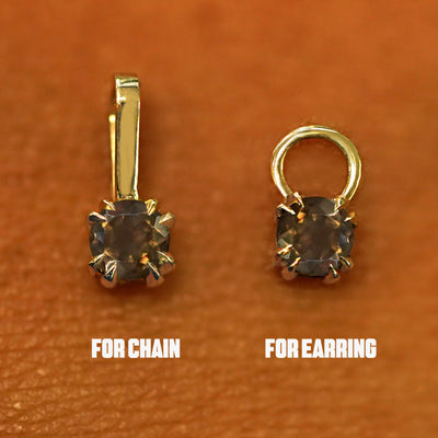 Two 14 karat solid gold Smoky Quartz Charms shown in the For Chain and For Earring options