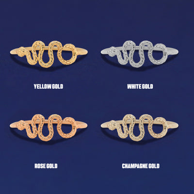 Four versions of the Snake Ring shown in options of yellow, white, rose and champagne gold