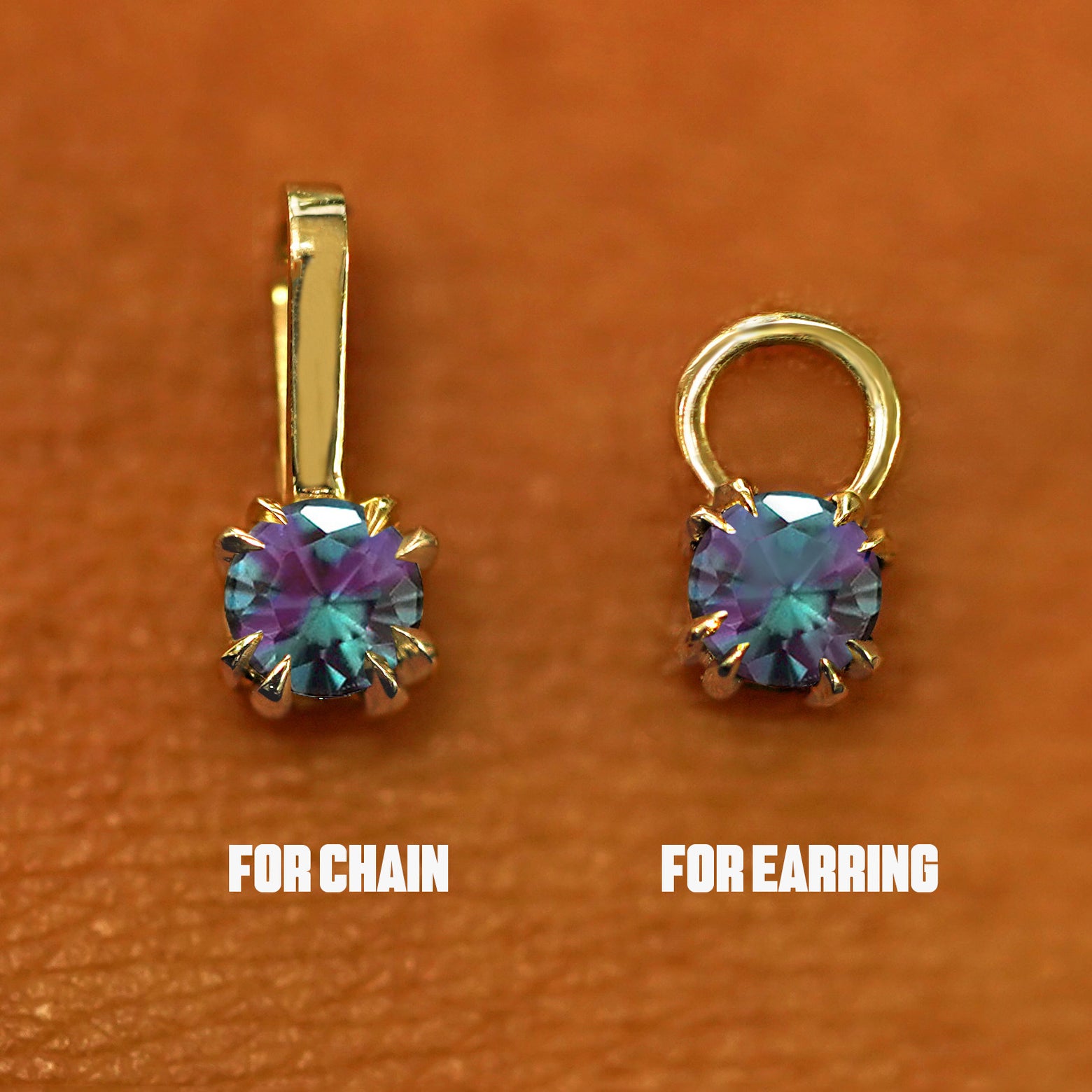 Two 14 karat solid gold Alexandrite Charms shown in the For Chain and For Earring options