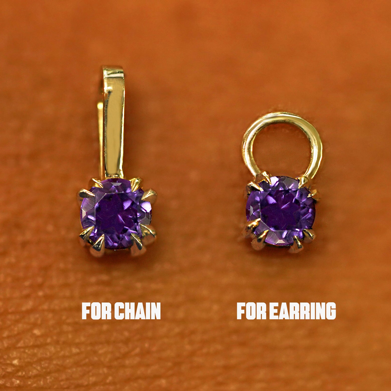 Two 14 karat solid gold Amethyst Charms shown in the For Chain and For Earring options