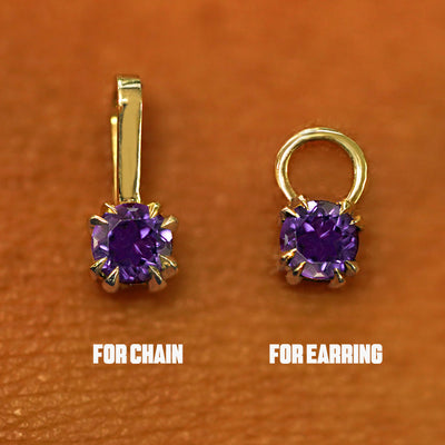 Two 14 karat solid gold Amethyst Charms shown in the For Chain and For Earring options