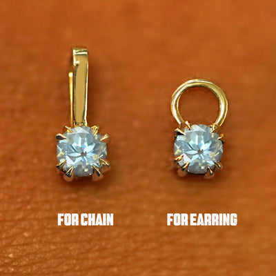 Two 14 karat solid gold Aquamarine Charms shown in the For Chain and For Earring options
