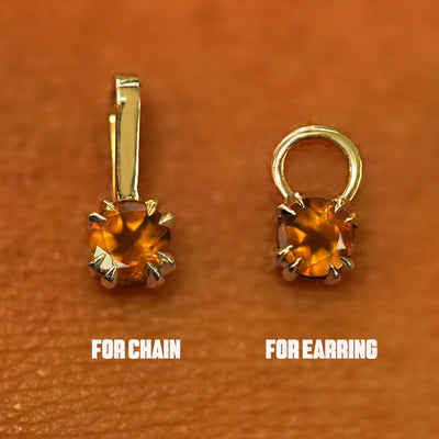 Two 14 karat solid gold Citrine Charms shown in the For Chain and For Earring options