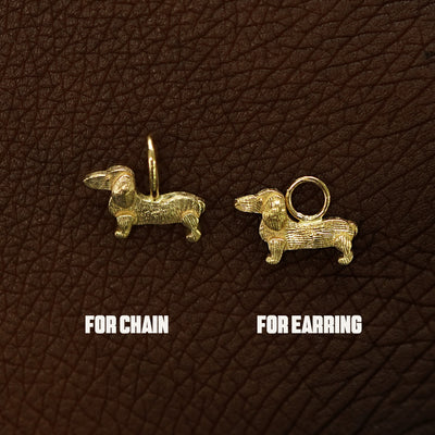 Two 14 karat solid gold Dog Charms shown in the For Chain and For Earring options