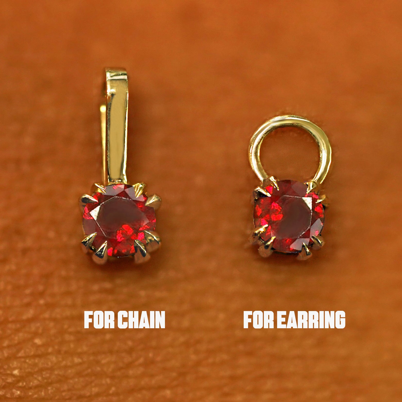 Two 14 karat solid gold Garnet Charms shown in the For Chain and For Earring options