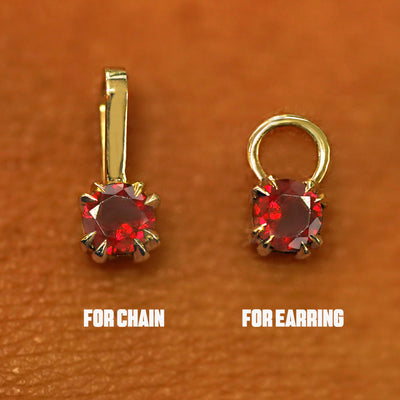 Two 14 karat solid gold Garnet Charms shown in the For Chain and For Earring options