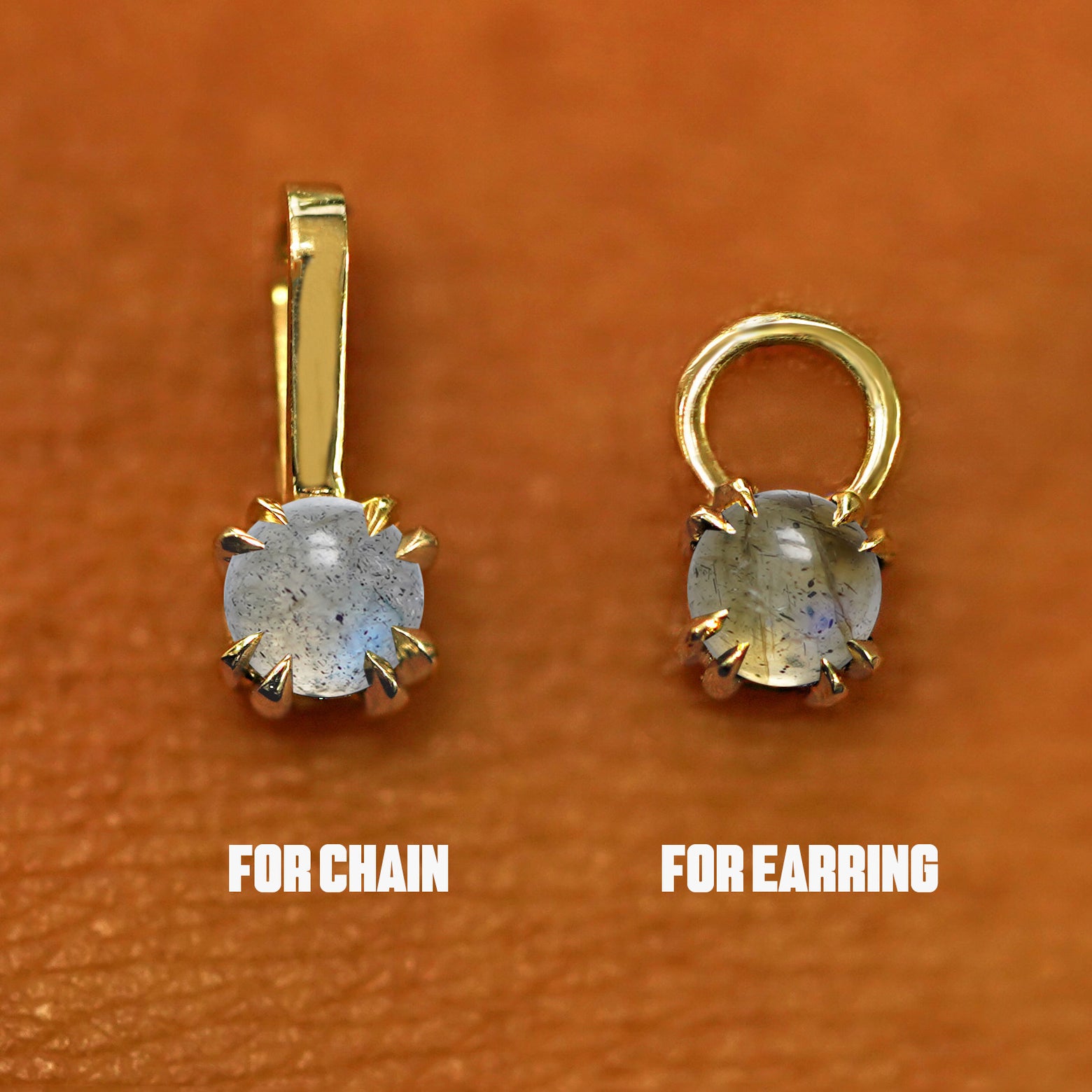 Two 14 karat solid gold Labradorite Charms shown in the For Chain and For Earring options