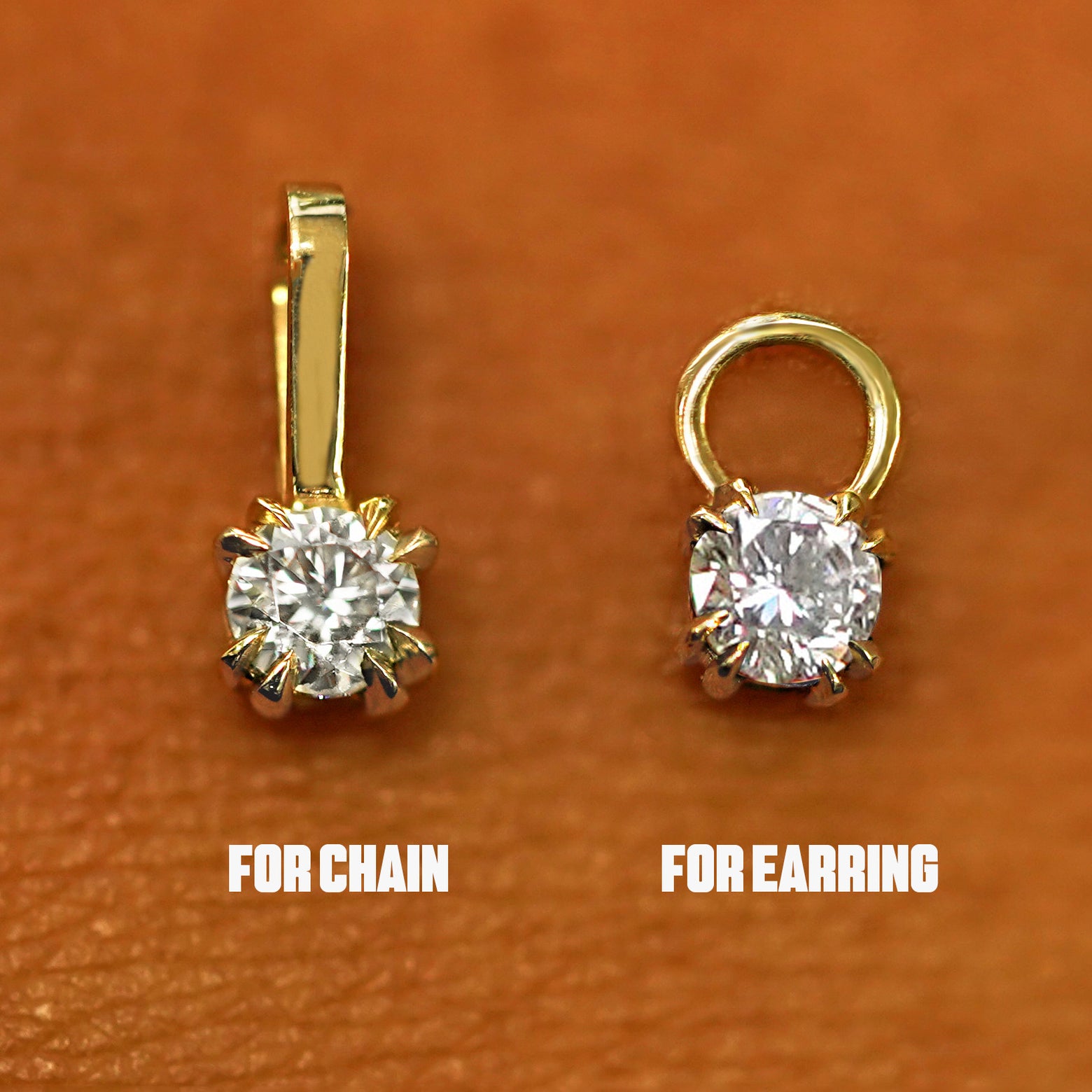 Two 14 karat solid gold Moissanite Charms shown in the For Chain and For Earring options