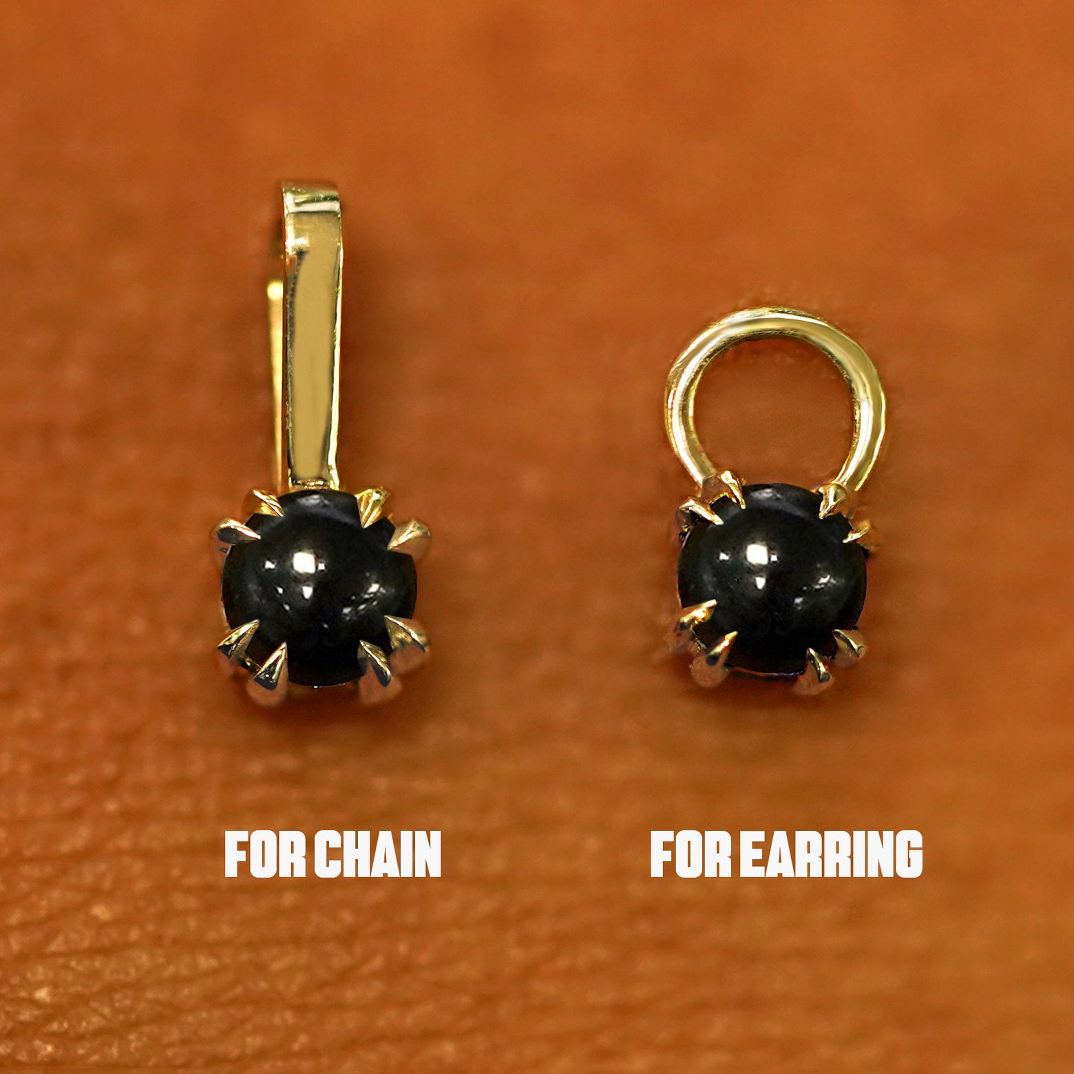 Two 14 karat solid gold Onyx Charms shown in the For Chain and For Earring options