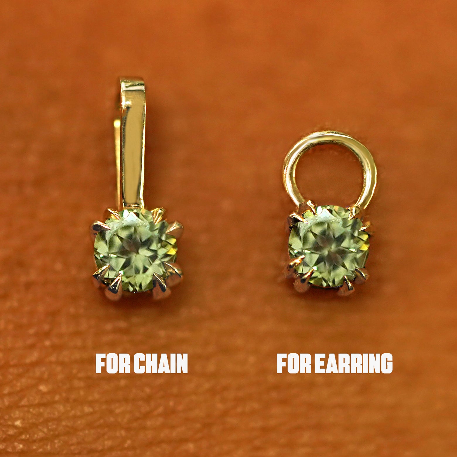 Two 14 karat solid gold Peridot Charms shown in the For Chain and For Earring options