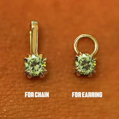 Two 14 karat solid gold Peridot Charms shown in the For Chain and For Earring options