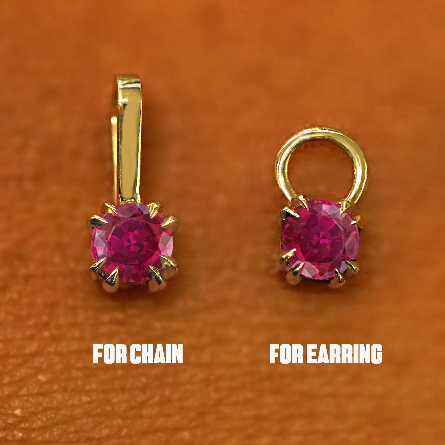 Two 14 karat solid gold Ruby Charms shown in the For Chain and For Earring options