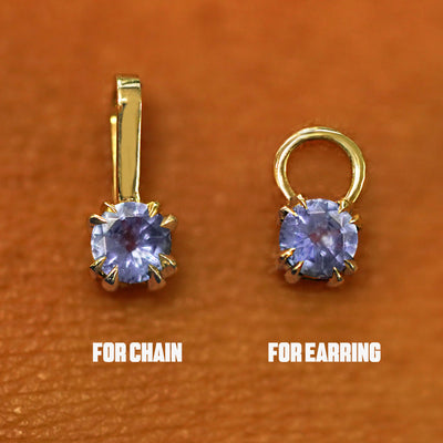 Two 14 karat solid gold Tanzanite Charms shown in the For Chain and For Earring options