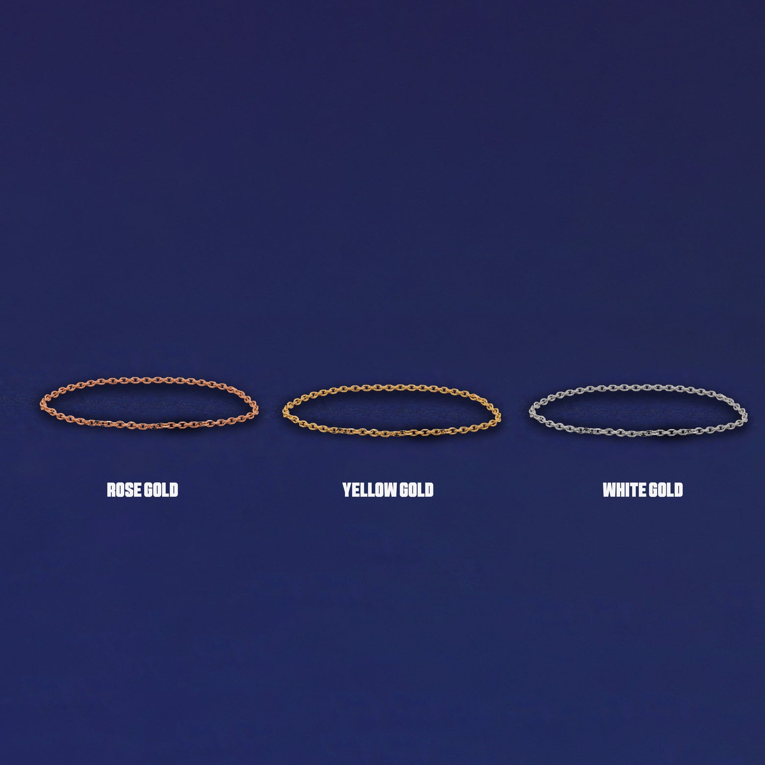 Three versions of the Cable Chain Ring shown in options of yellow, white and rose gold